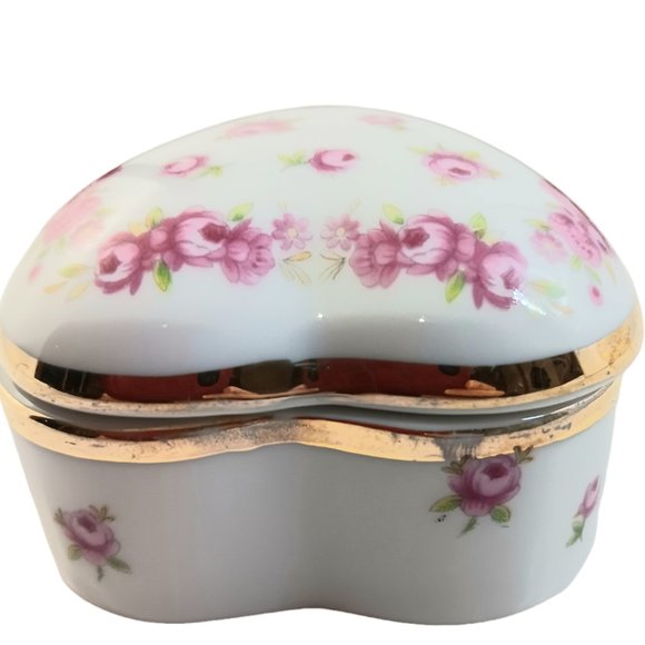 Lefton Heart Shaped Trinket Box Pink Flowers Gold Trim Jewlery Box - Picture 10 of 10